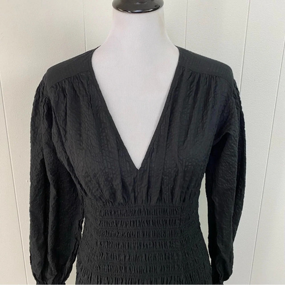 Frame V Neck Smocked Dress Mini Size Small Cotton Ruched Long Sleeve - Picture 3 of 14